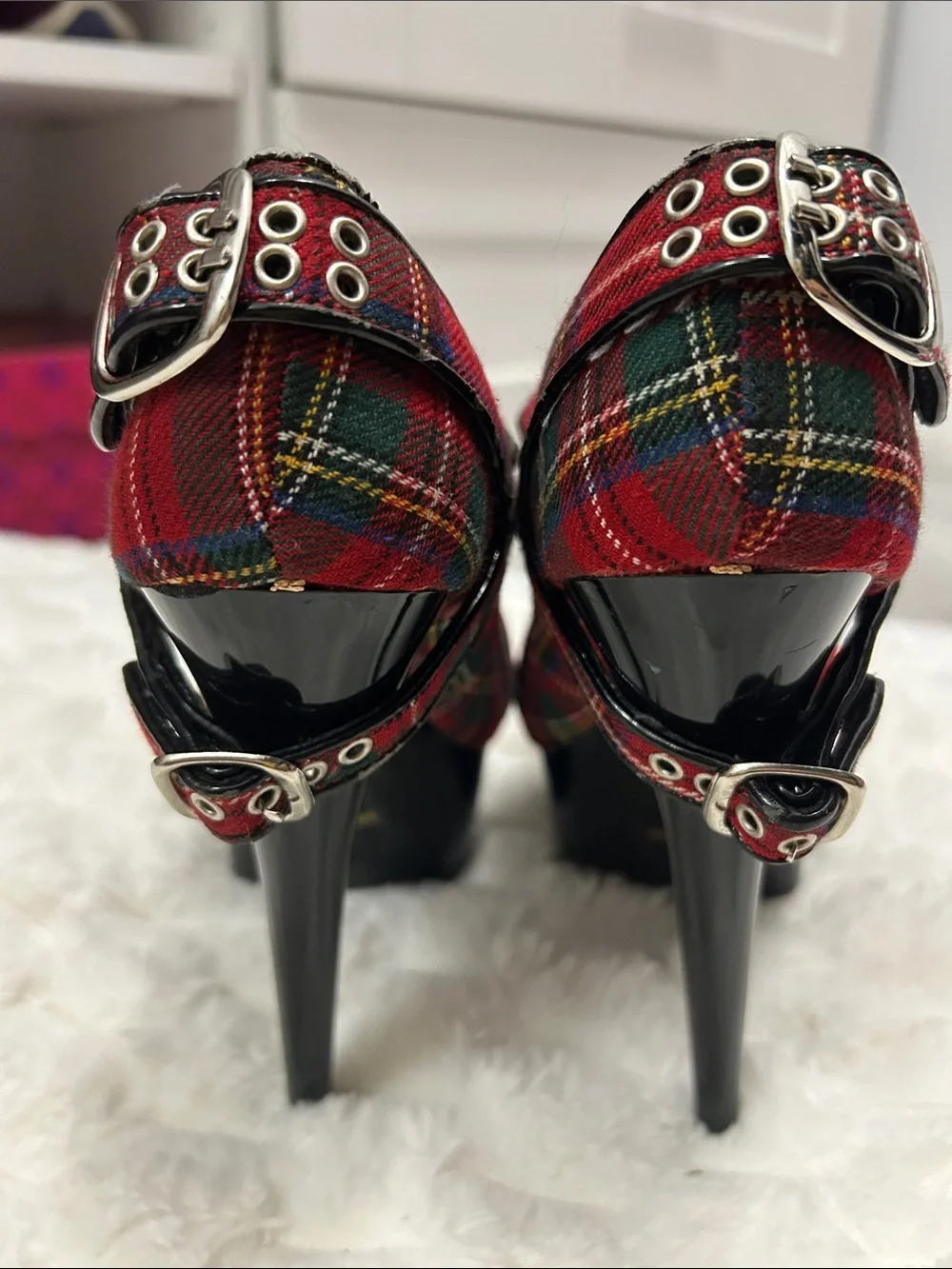 Red Plaid Platform Mary Jane Heels